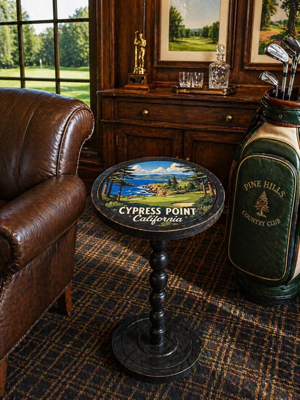 Cypress Point California Round Accent Table - Golf Scenic Top